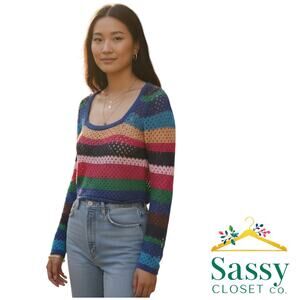 Zara Blue Green Colorblock Crew Neck Cropped Knit Sweater Size S EUC